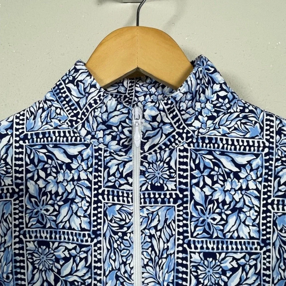 IBKÜL Sun Shirt Women S Blue Floral Coastal Golfcore UPF 50+ Quarter Zip Top